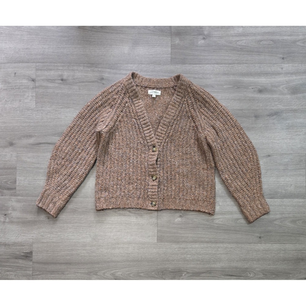 Lucky Brand Cardigan Sweater Small Women's Wool Blend Brown Chunky Knit Boxy
